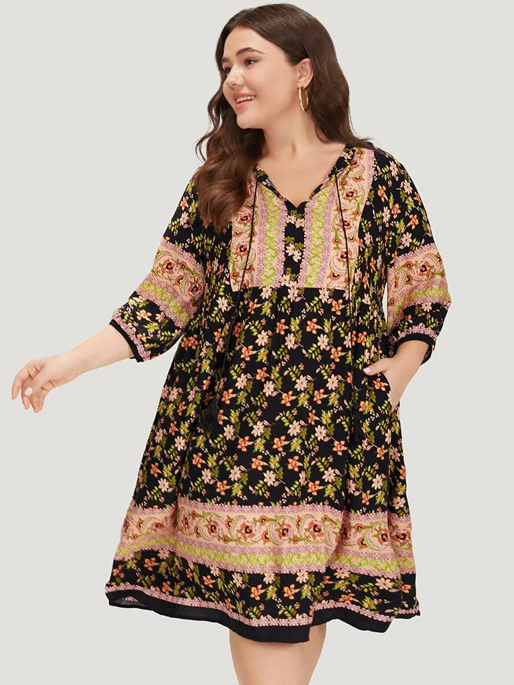 Boho Print Knot Neck Lantern Sleeve Dress sold by Bloomchic product image thumbnail 4