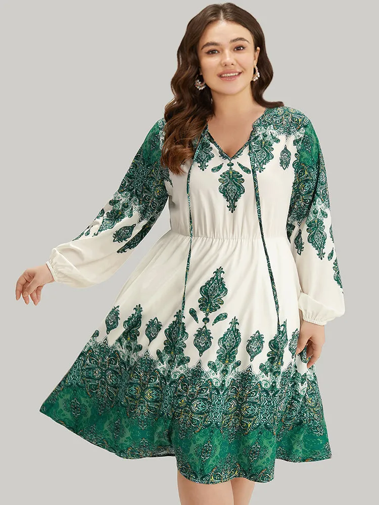 Bandana Print Tie Neck Lantern Sleeve Dress sold by Bloomchic