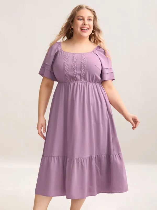 Lace Trim Pockets Stretchy Waist Tiered Dress sold by Bloomchic