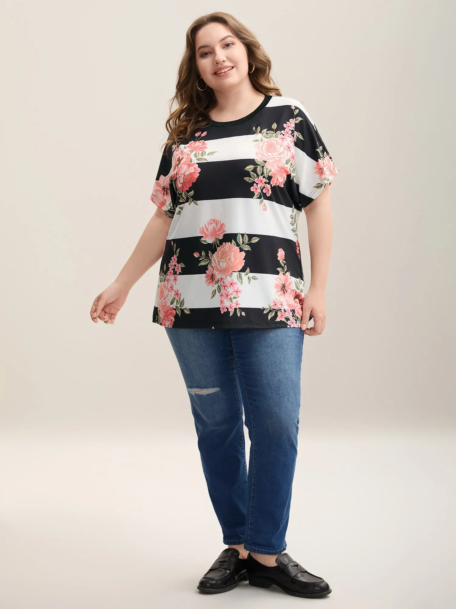 Floral Stripes Print Stretchy T-Shirt sold by Bloomchic product image thumbnail 4