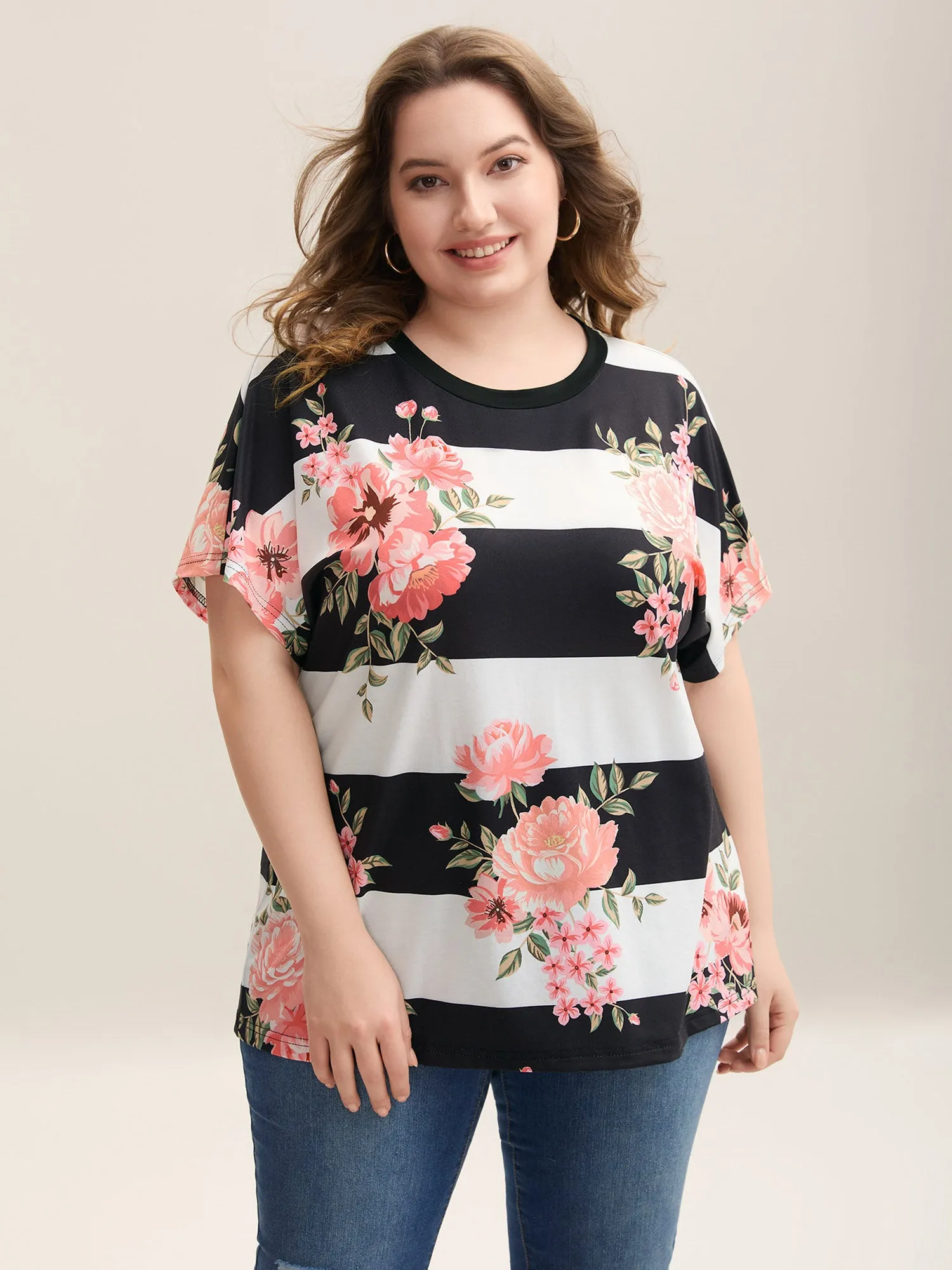 Floral Stripes Print Stretchy T-Shirt sold by Bloomchic