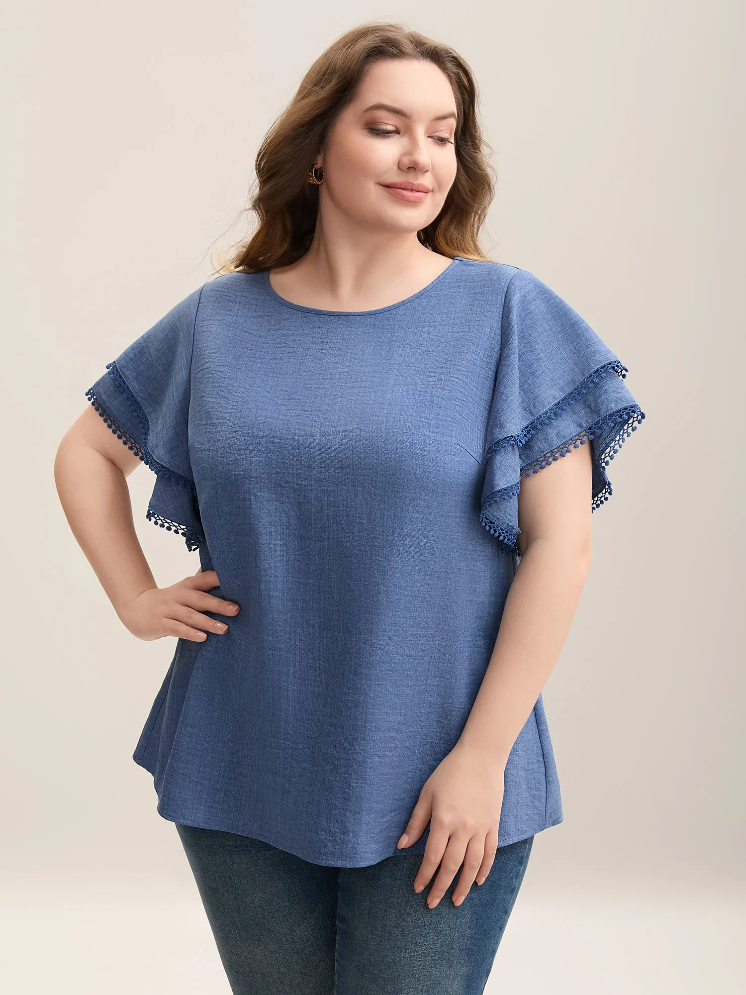 Textured Layered Ruffle Sleeve Lace Blouse sold by Bloomchic