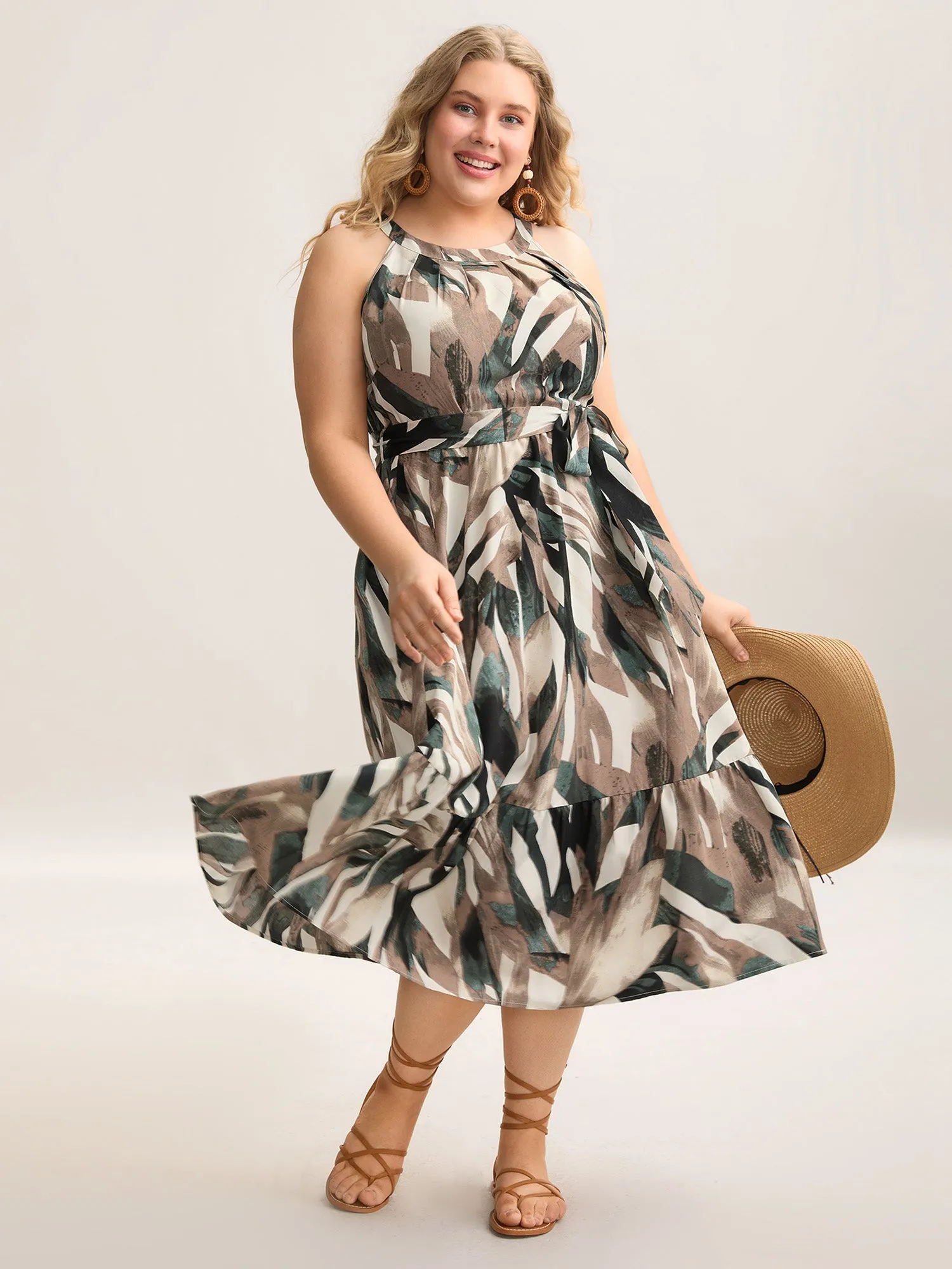 Leaf Print Halter Neck Tiered Midi Dress sold by Bloomchic product image thumbnail 3