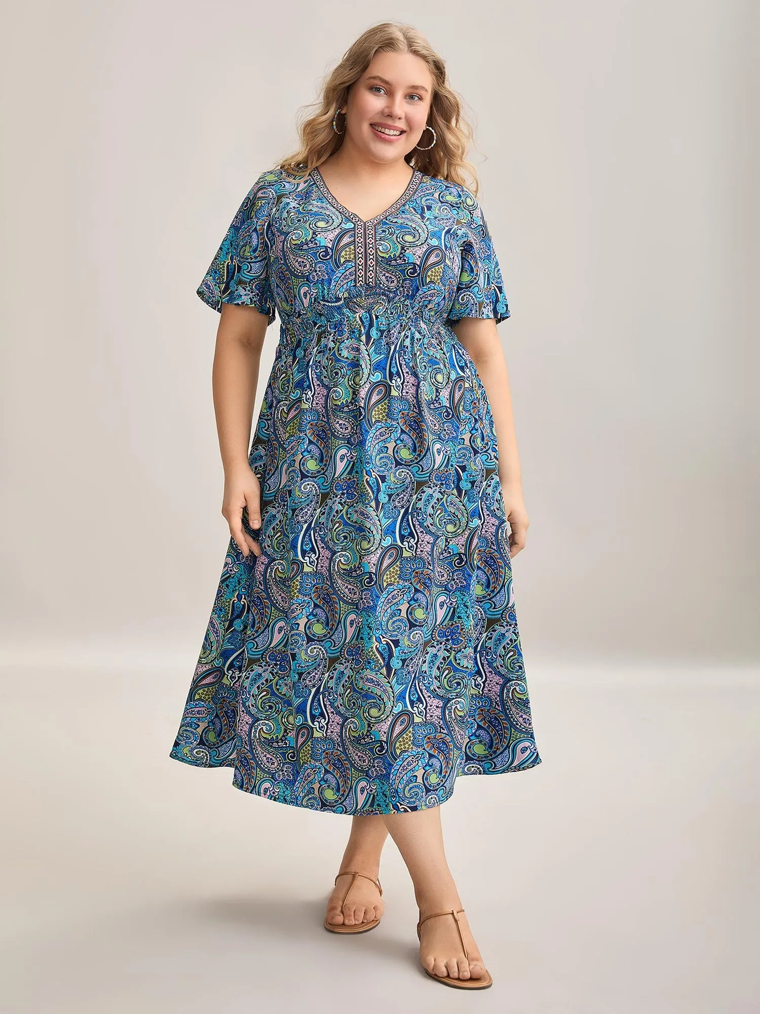 Paisley Print Stretchy Waist Pockets Midi Dress sold by Bloomchic