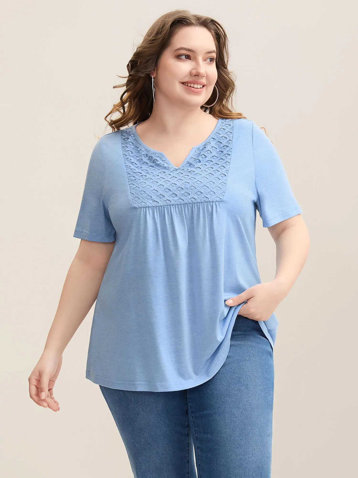 Lace Stretchy Heathered Solid Knit Top sold by Bloomchic