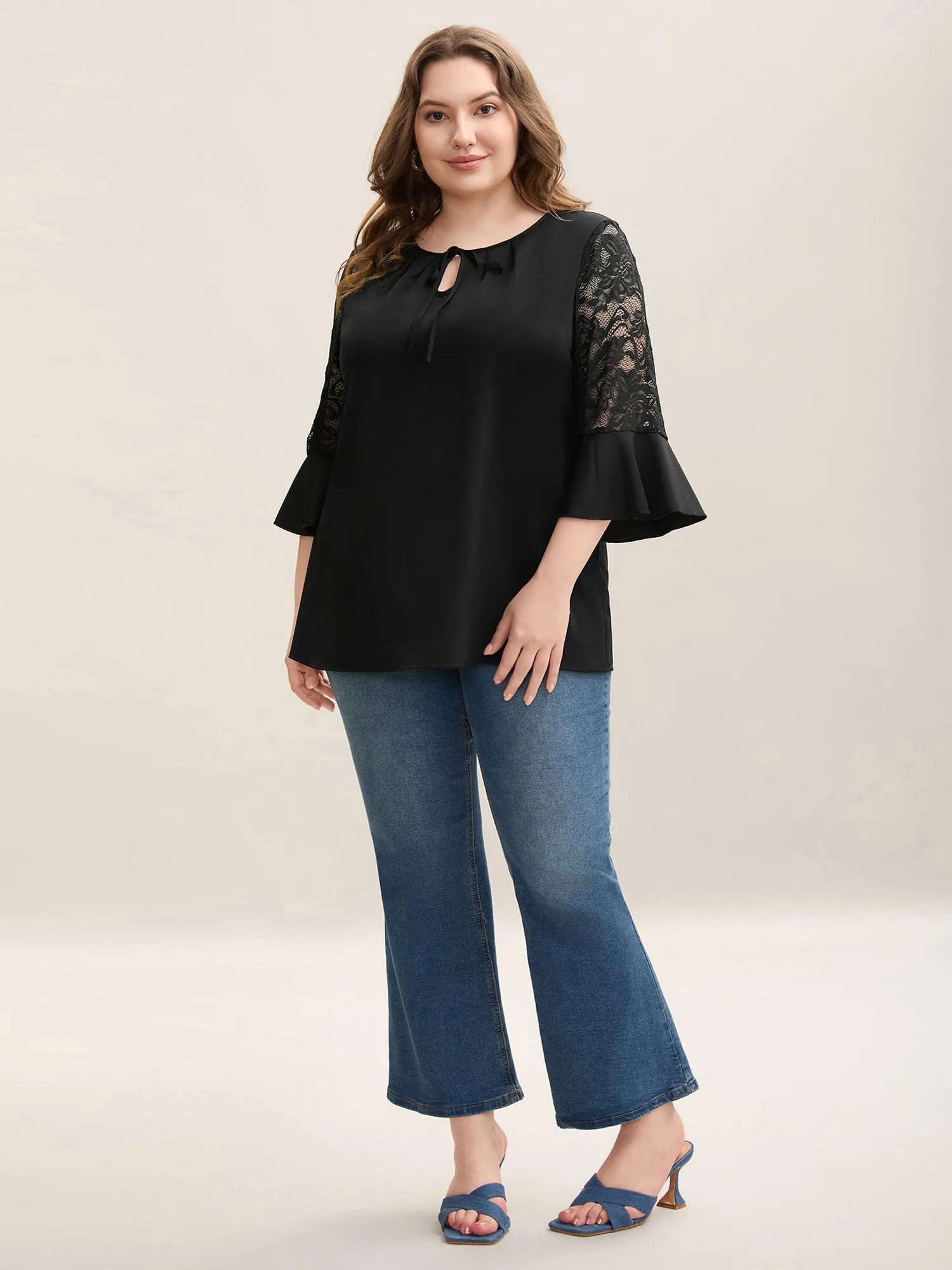 Lace Sleeve Neck Tie Flared Blouse sold by Bloomchic product image thumbnail 3