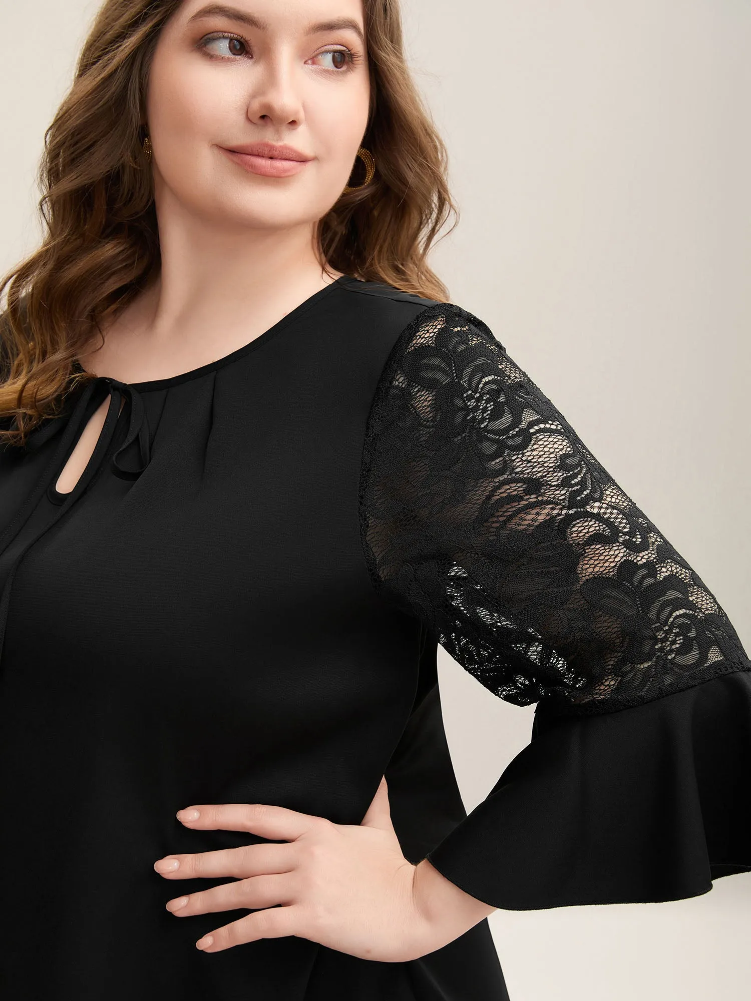 Lace Sleeve Neck Tie Flared Blouse sold by Bloomchic product image thumbnail 2