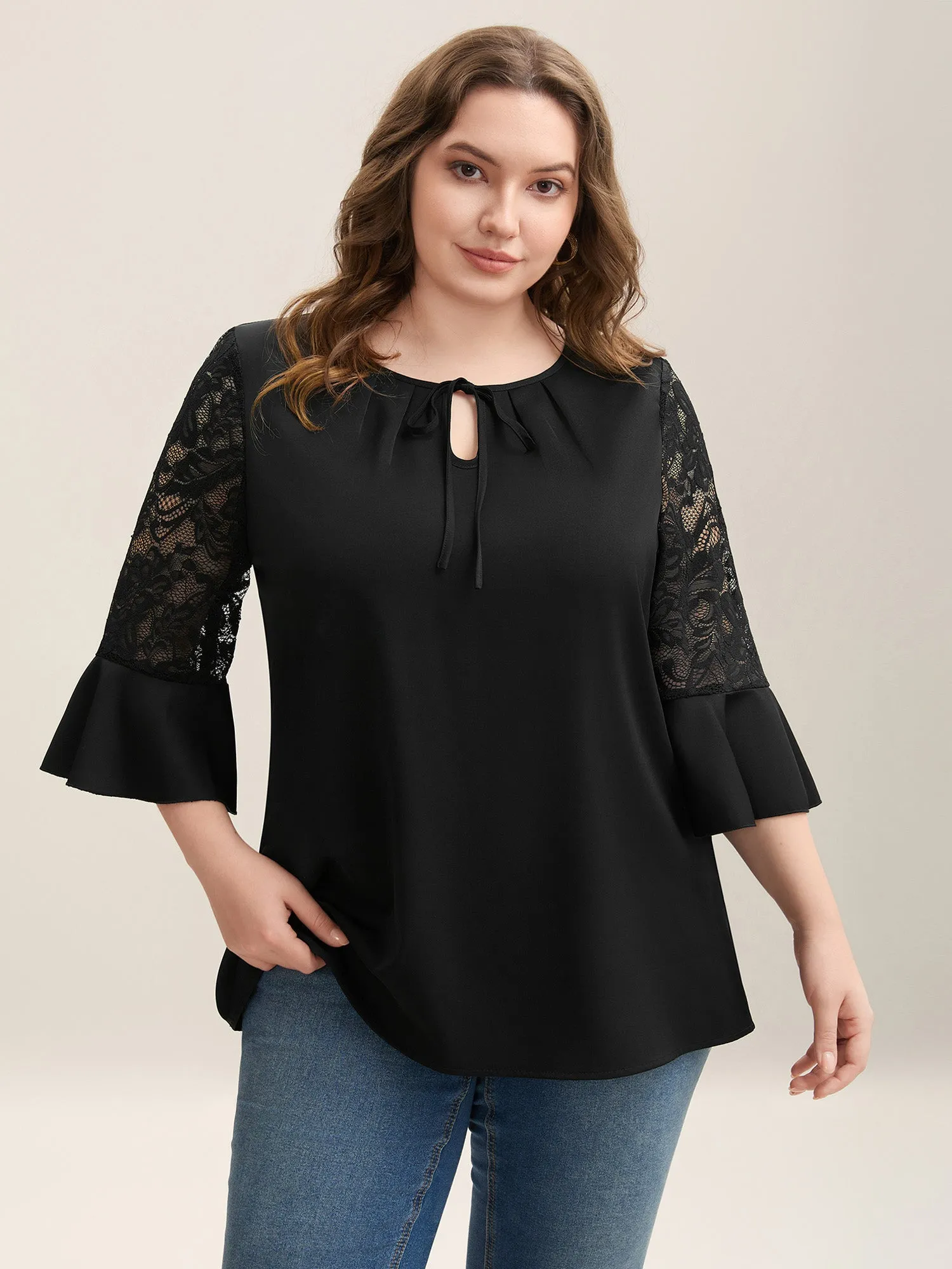 Lace Sleeve Neck Tie Flared Blouse sold by Bloomchic