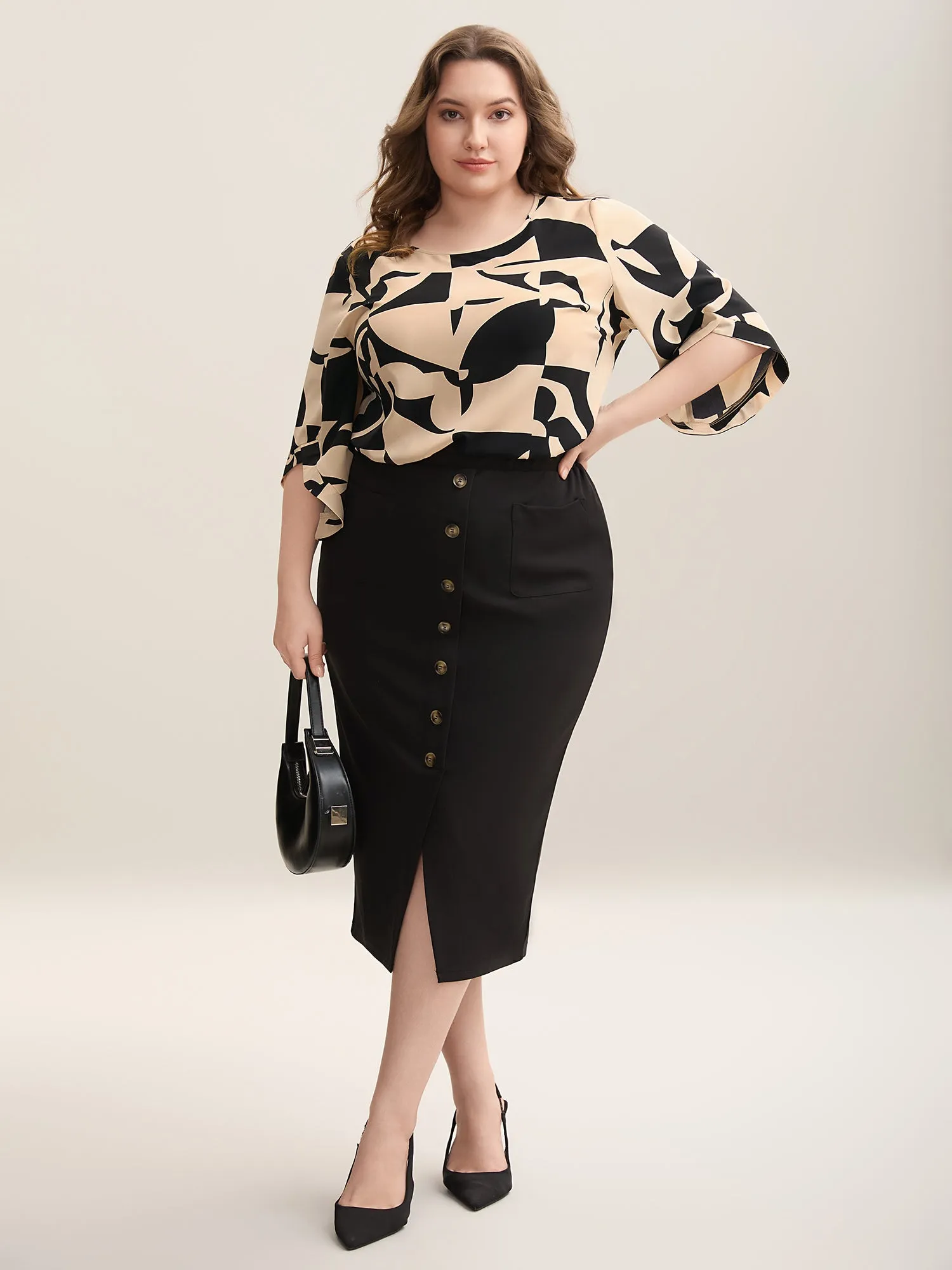 Geometric Pattern Tab Sleeve Flowy Blouse sold by Bloomchic product image thumbnail 2