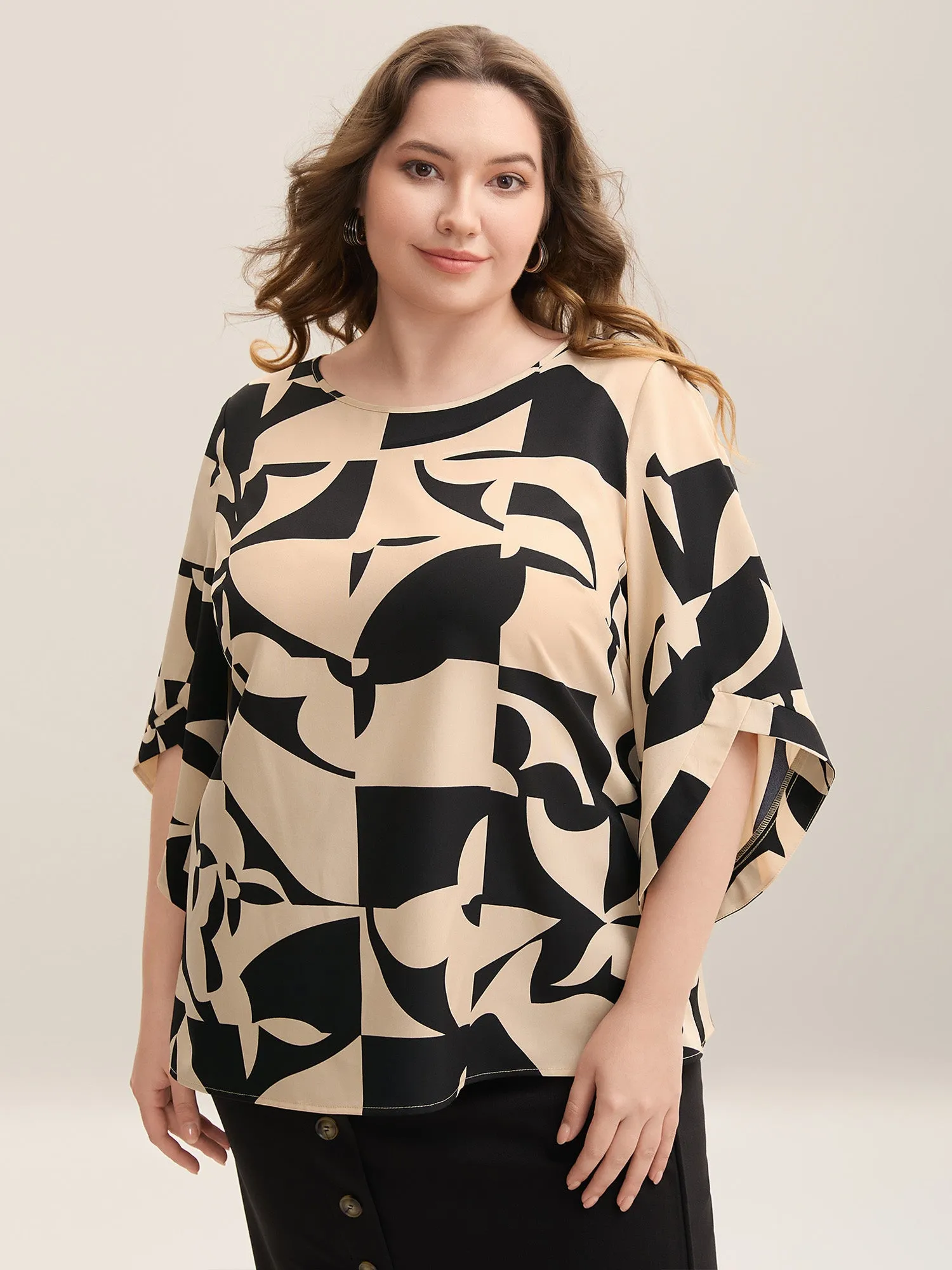 Geometric Pattern Tab Sleeve Flowy Blouse sold by Bloomchic