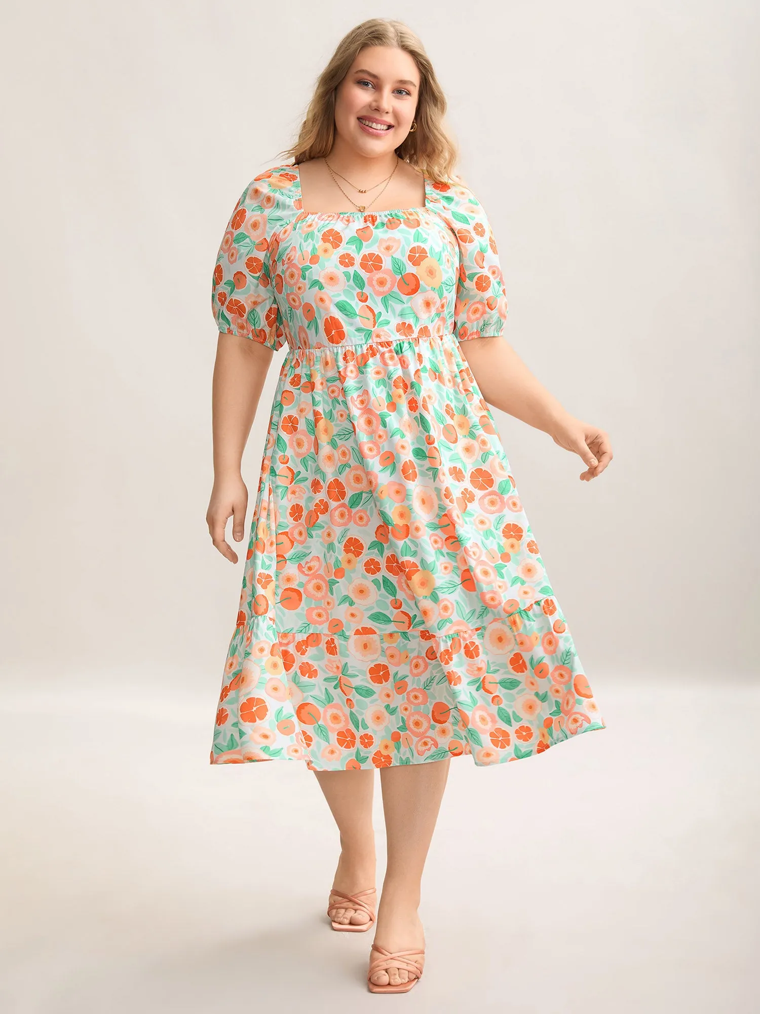 Fruity Print Square Neck Puff Sleeve Dress sold by Bloomchic