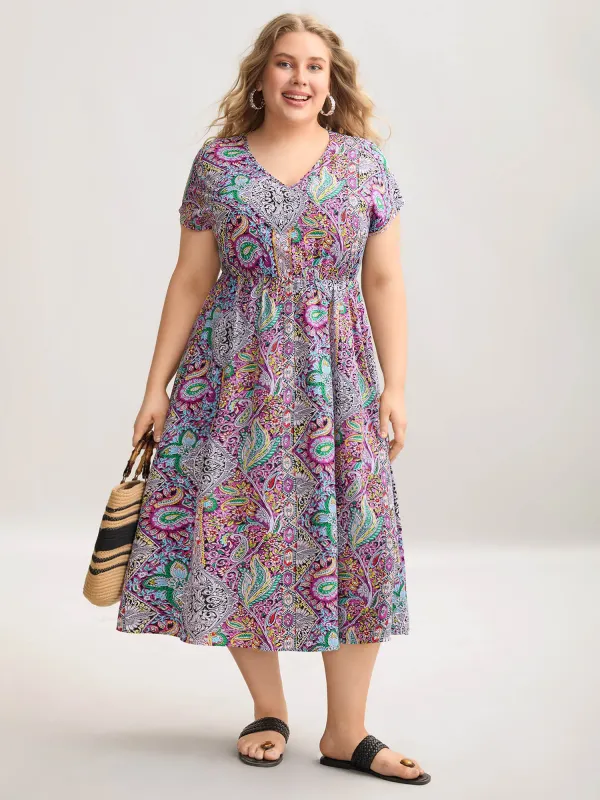 Paisley Print Pockets V-Neck Midi Dress sold by Bloomchic