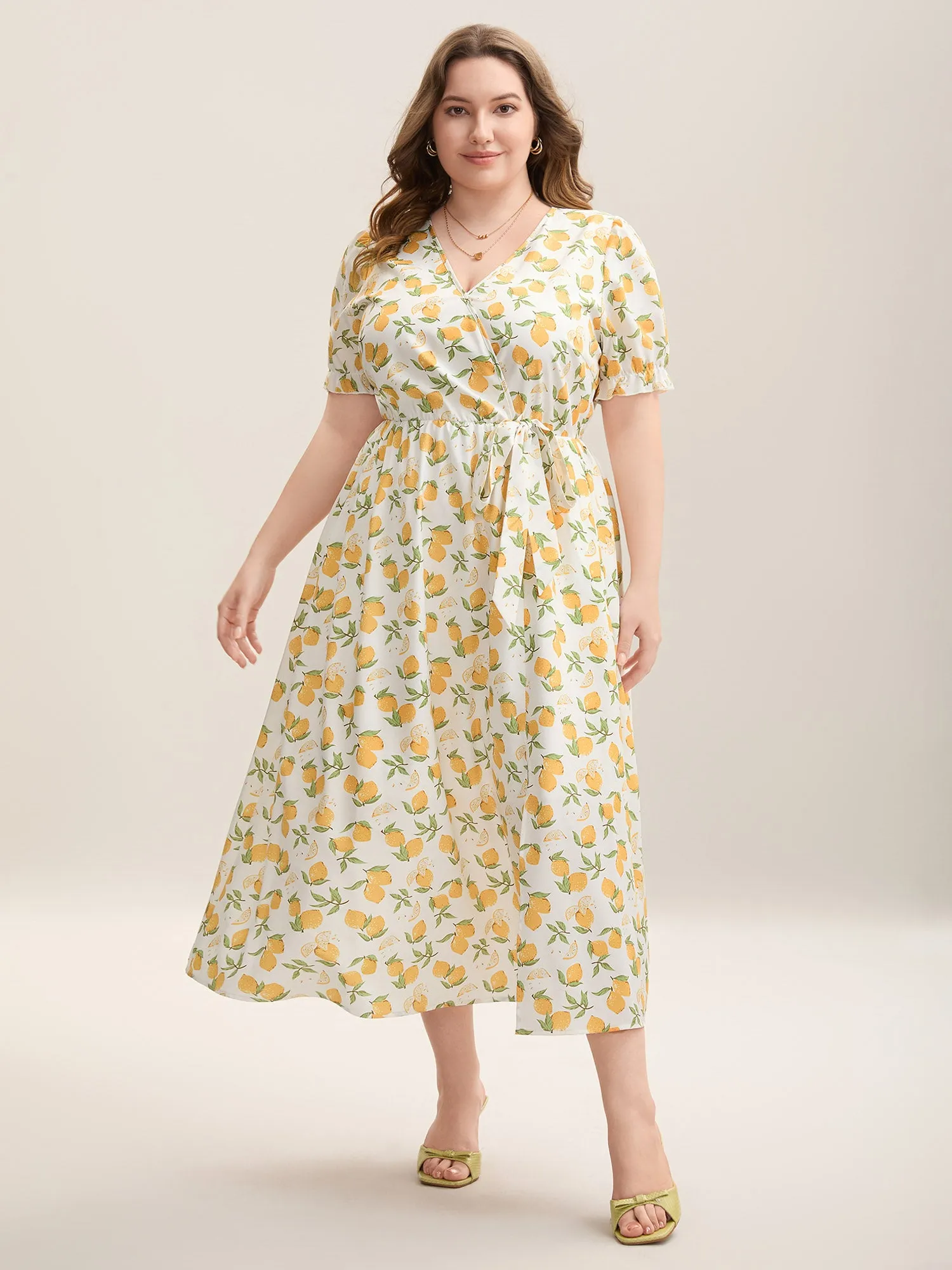 Lemon Print Surplice Stretchy Waist Midi Dress sold by Bloomchic product image thumbnail 3