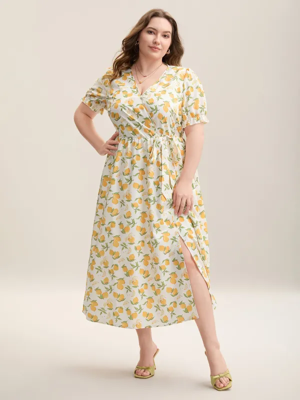 Lemon Print Surplice Stretchy Waist Midi Dress sold by Bloomchic