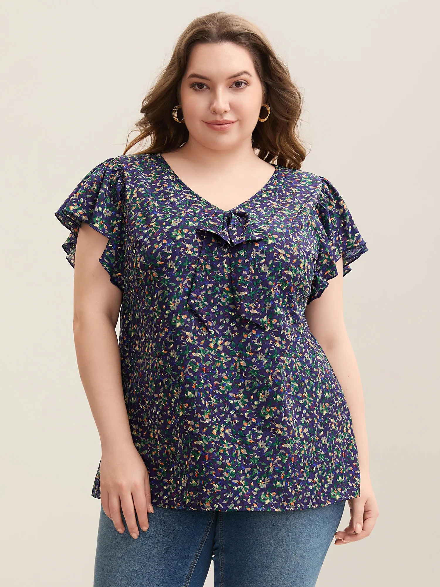 Ditsy Floral Print Asymmetrical Ruffled Sleeve Blouse sold by Bloomchic