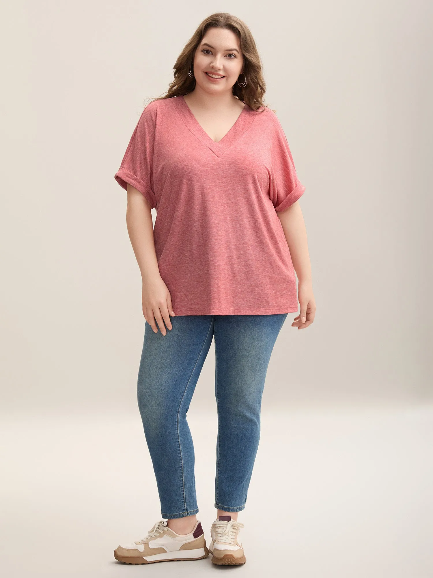 Stretchy Heathered V-Neck Solid T-Shirt sold by Bloomchic product image thumbnail 3