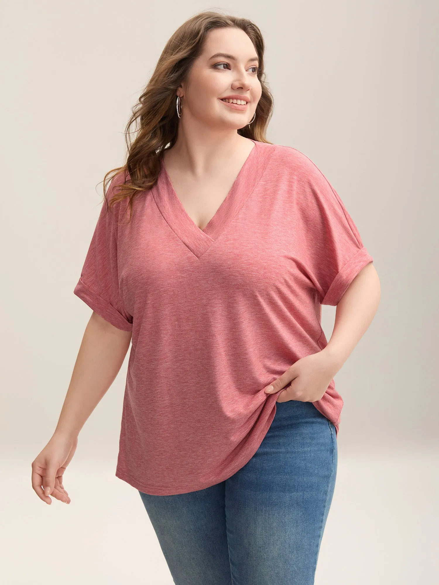 Stretchy Heathered V-Neck Solid T-Shirt sold by Bloomchic