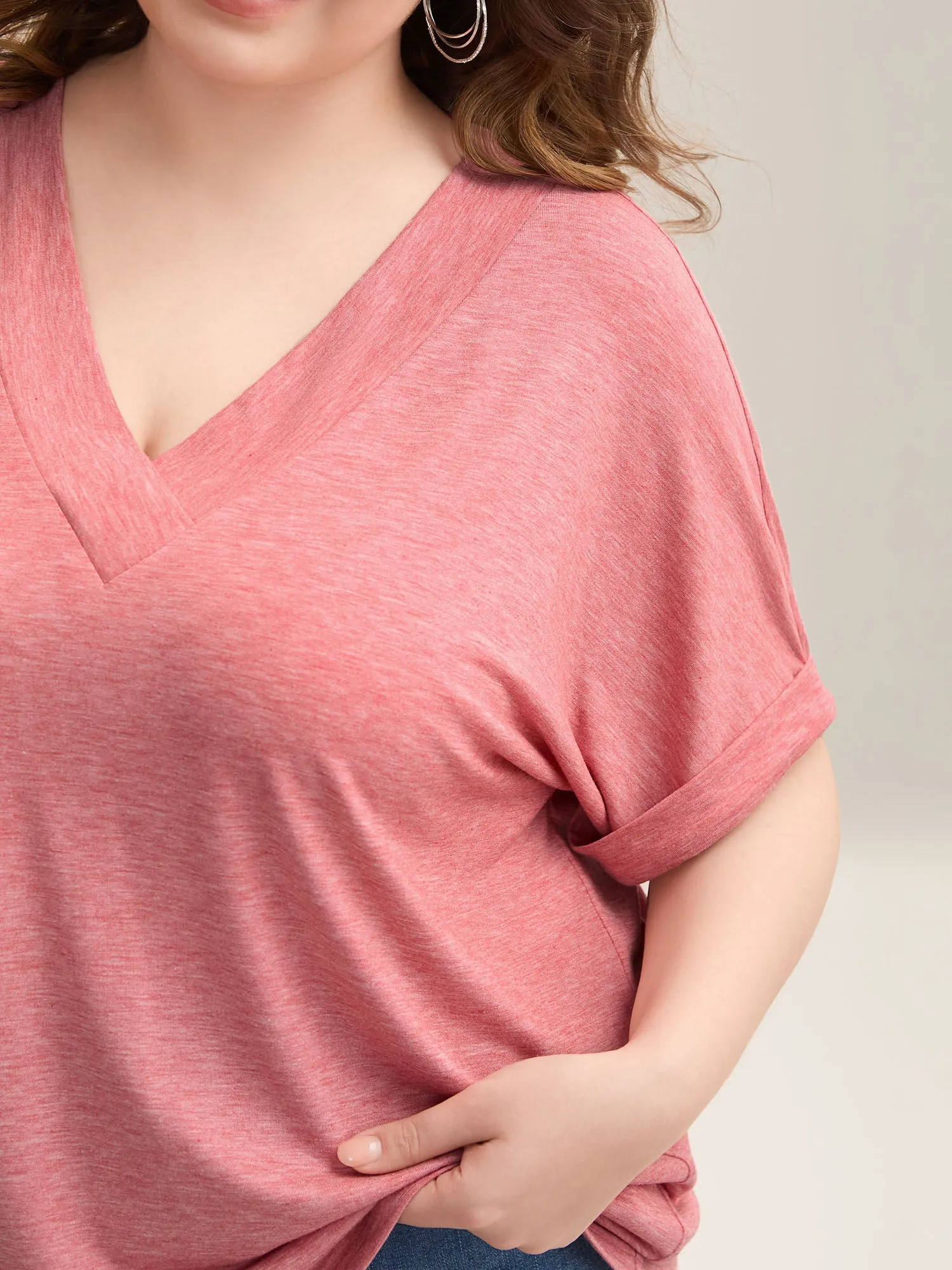 Stretchy Heathered V-Neck Solid T-Shirt sold by Bloomchic product image thumbnail 4