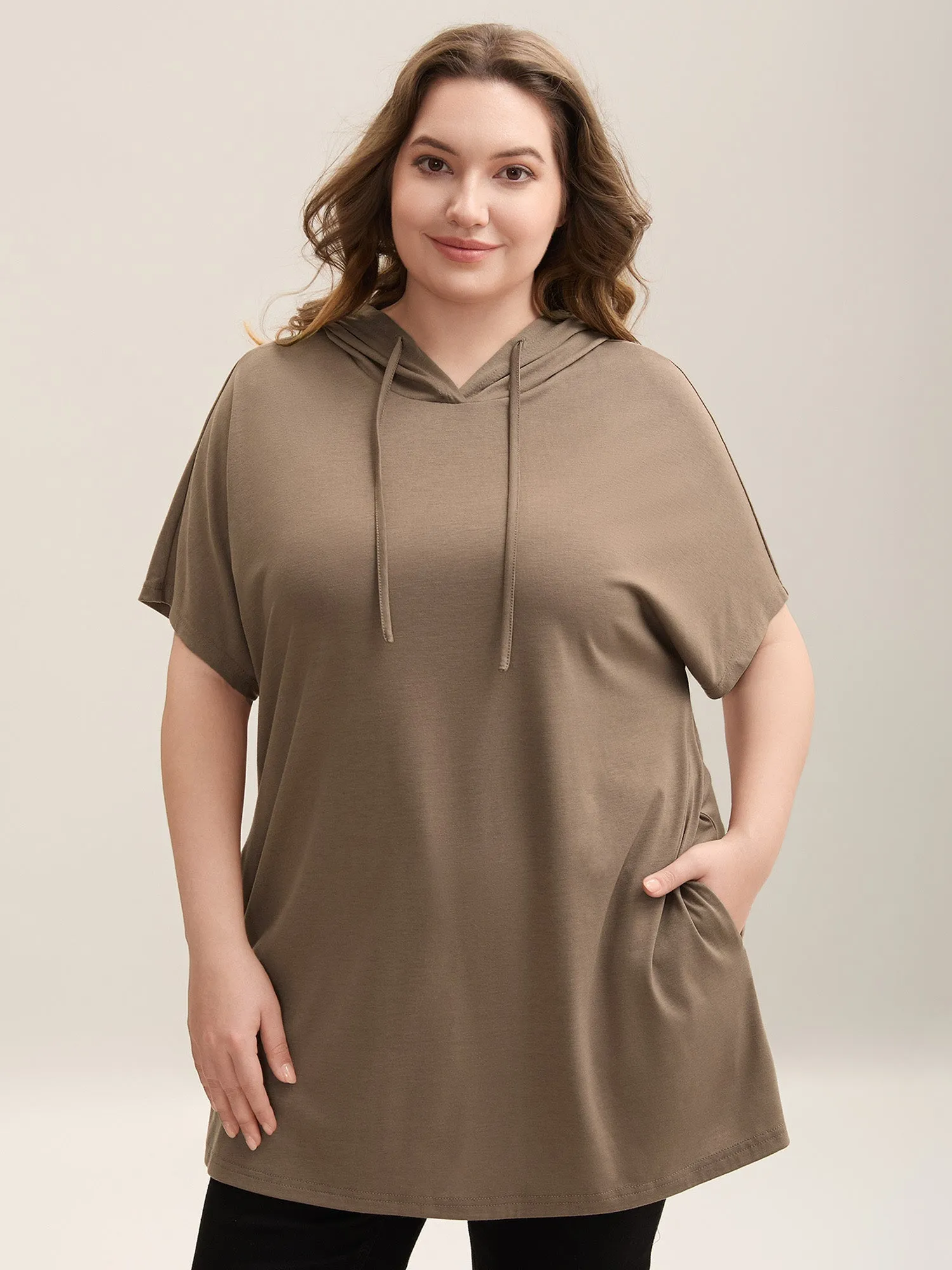 Hooded Drawstring Solid Long T-Shirt sold by Bloomchic