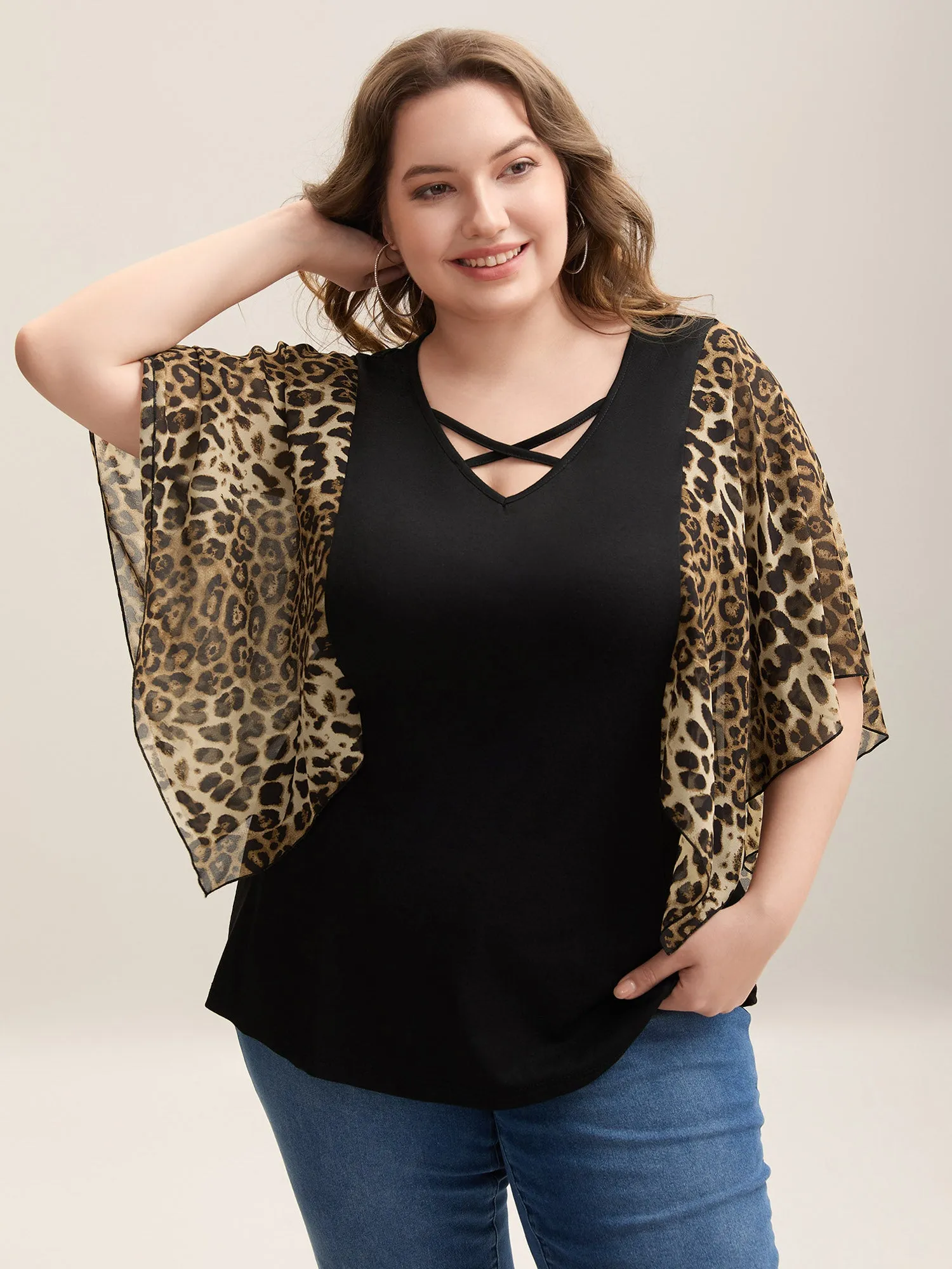 Leopard Spliced Tied Flared Sleeve T-Shirt sold by Bloomchic