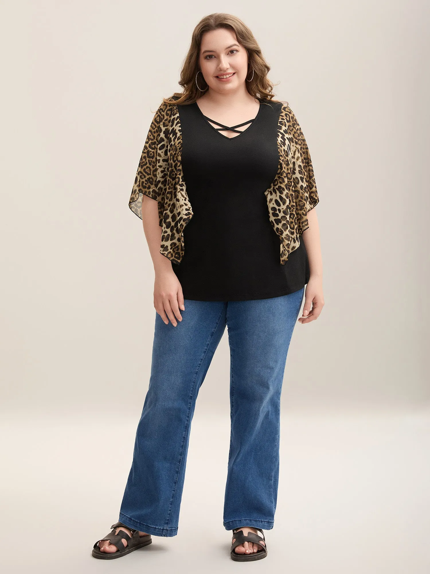 Leopard Spliced Tied Flared Sleeve T-Shirt sold by Bloomchic product image thumbnail 4