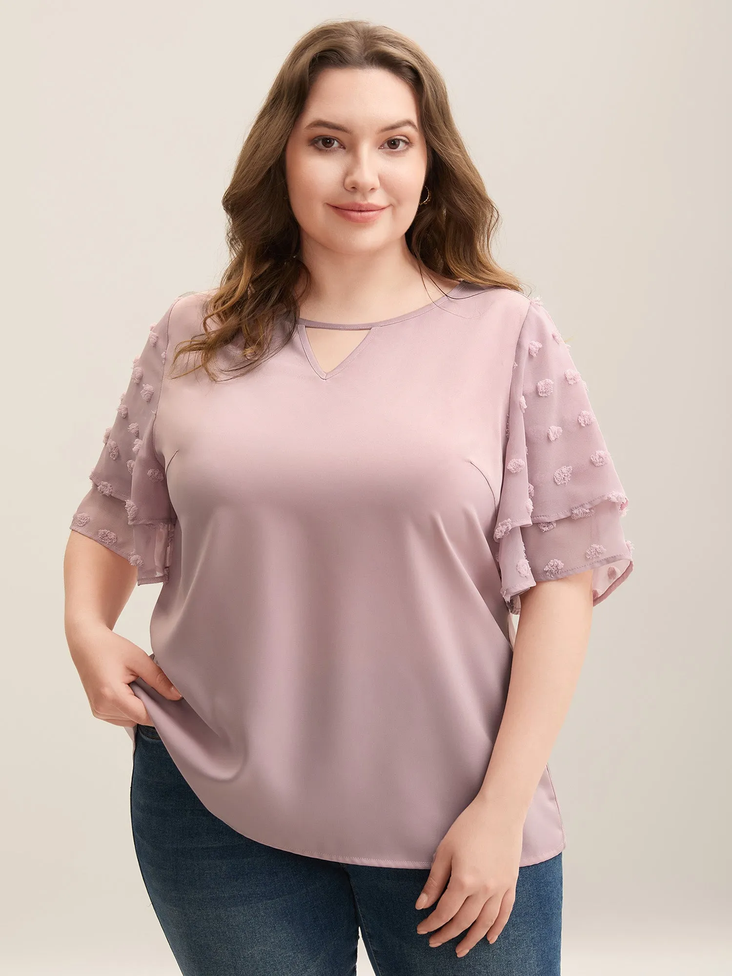 Textured Layered Ruffle Sleeve Keyhole Blouse sold by Bloomchic