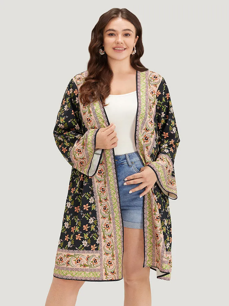 Boho Print Ruffle Sleeve Open Front Kimono sold by Bloomchic
