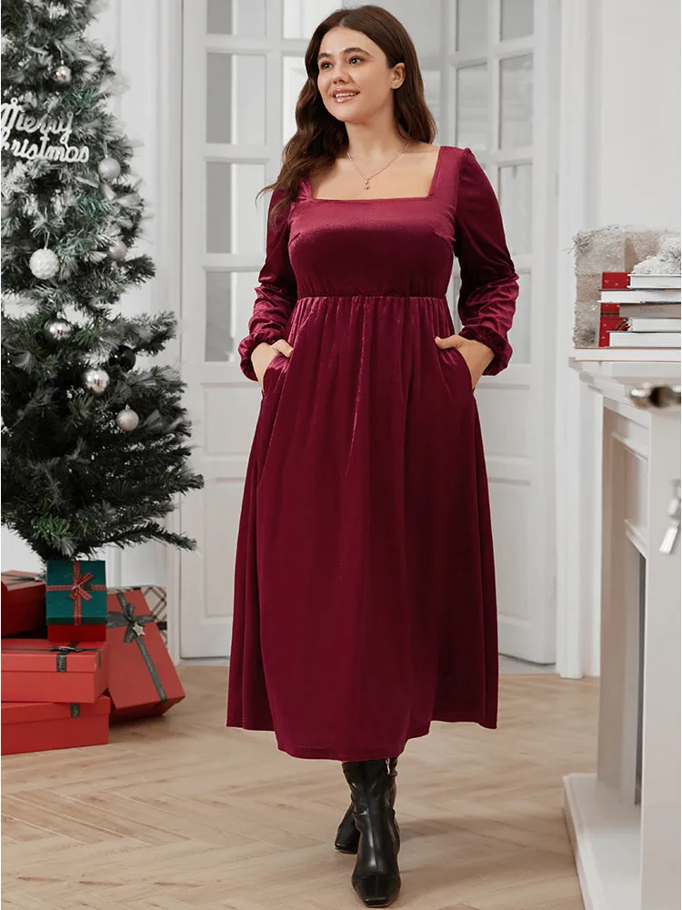 Solid Square Neck Pocket Lantern Sleeve Velvet Dress Without Belt sold by Bloomchic product image thumbnail 4