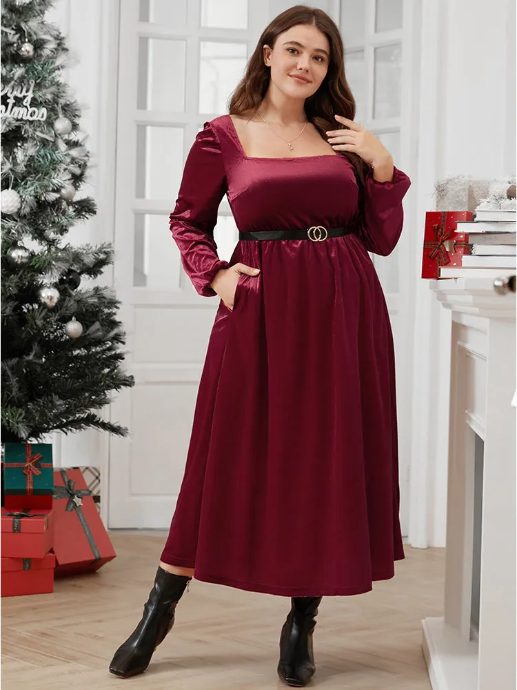 Solid Square Neck Pocket Lantern Sleeve Velvet Dress Without Belt sold by Bloomchic product image thumbnail 3