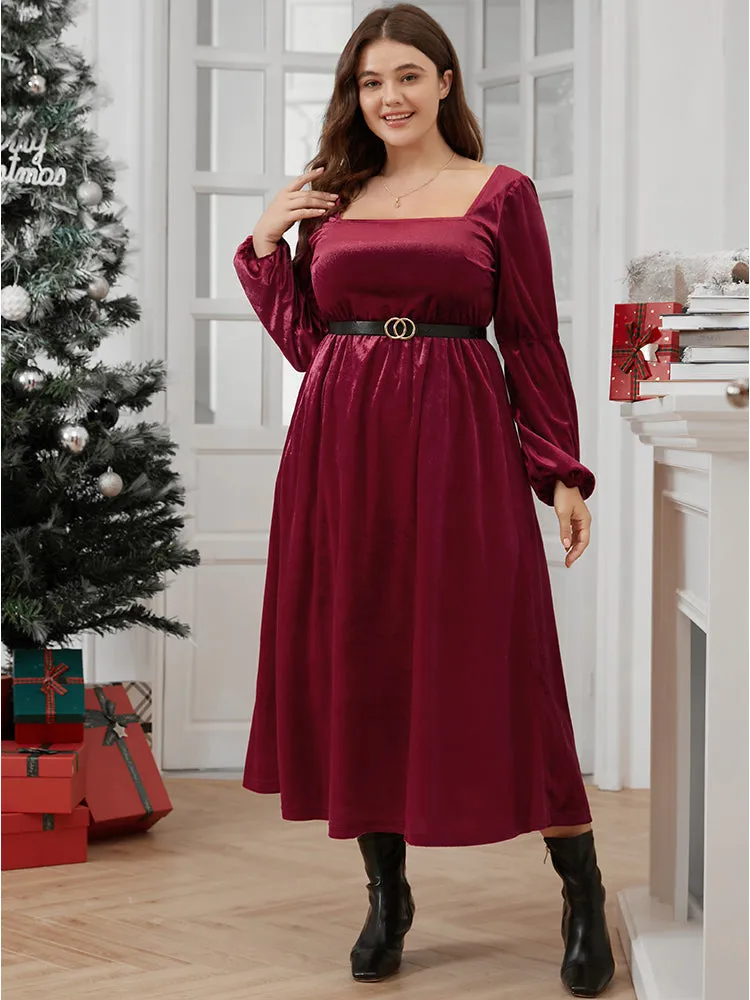 Solid Square Neck Pocket Lantern Sleeve Velvet Dress Without Belt sold by Bloomchic product image thumbnail 2