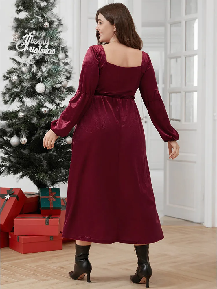 Solid Square Neck Pocket Lantern Sleeve Velvet Dress Without Belt sold by Bloomchic product image thumbnail 5