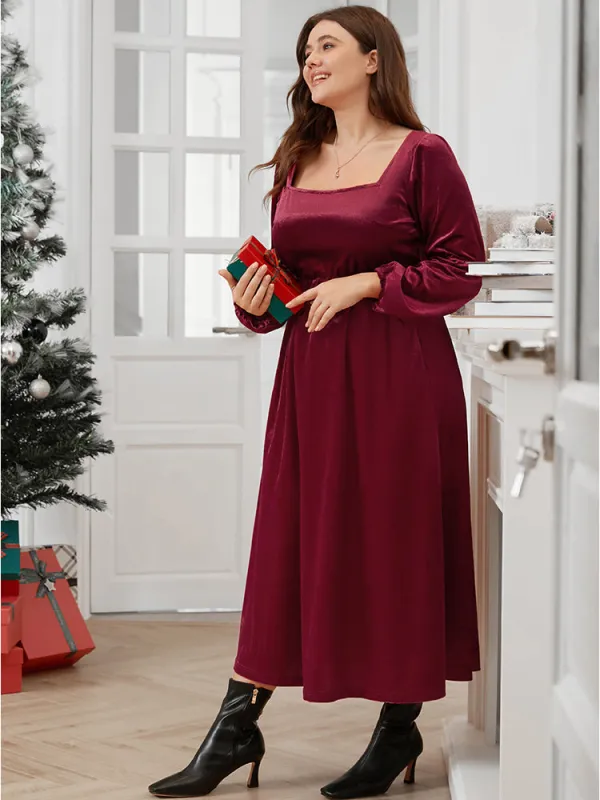 Solid Square Neck Pocket Lantern Sleeve Velvet Dress Without Belt sold by Bloomchic