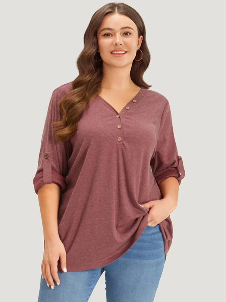 Plain V Neck Button Up Tab Sleeve T-shirt sold by Bloomchic