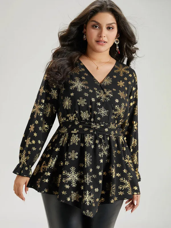 Glitter Snowflake Elastic Waist Ruched Wrap Blouse sold by Bloomchic