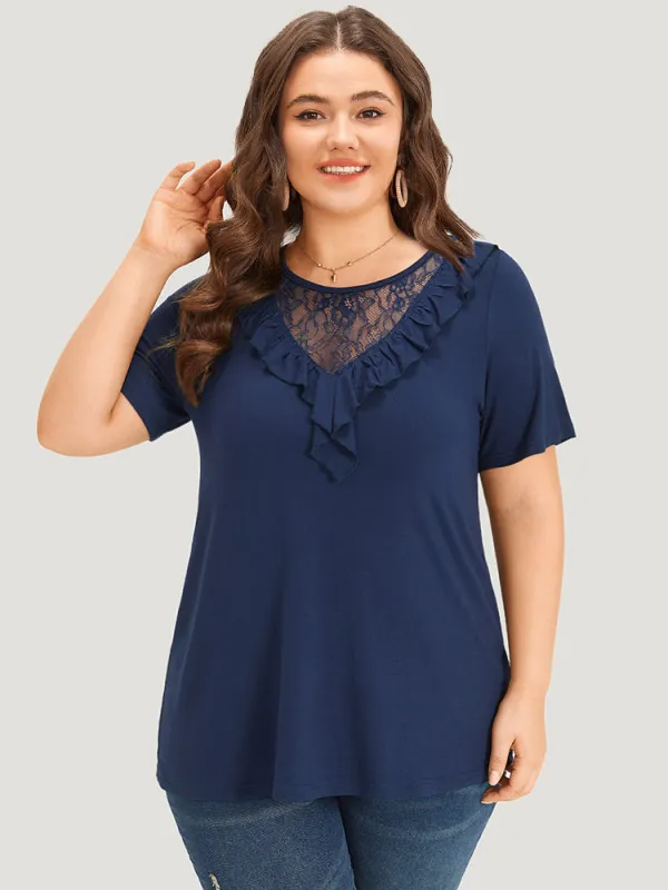 Guipure Lace Round Neck Frill Trim Flutter T-shirt sold by Bloomchic