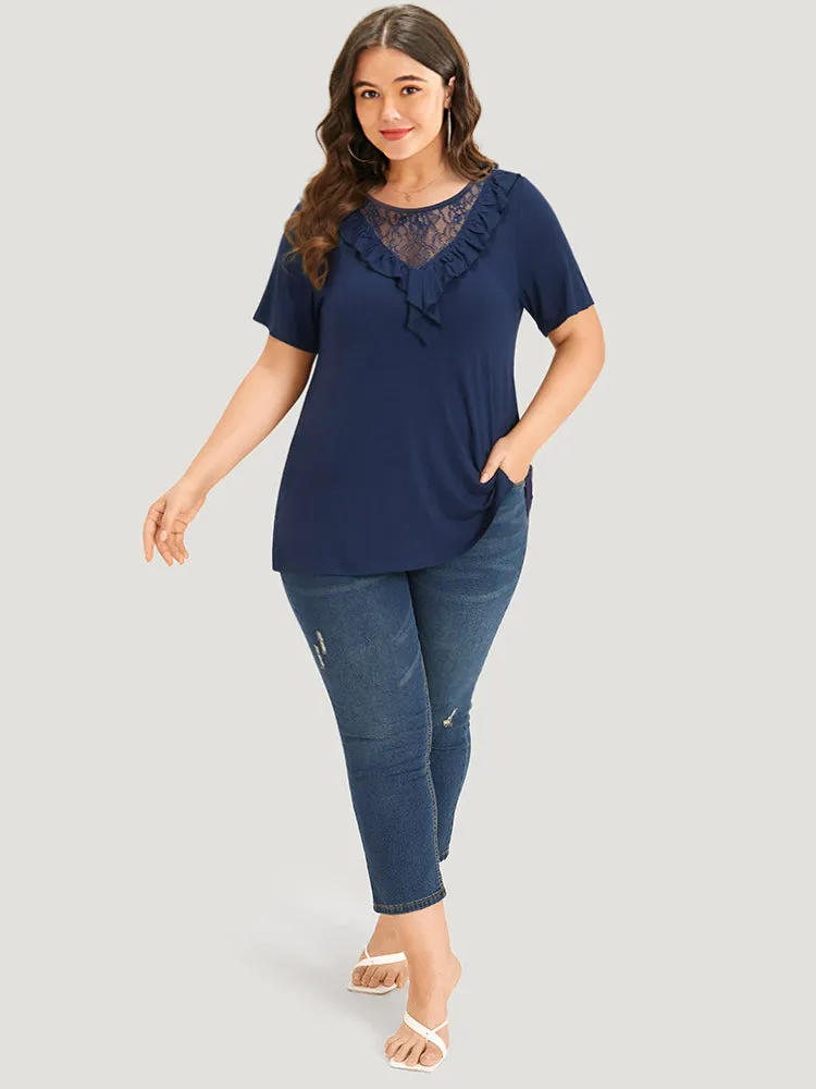 Guipure Lace Round Neck Frill Trim Flutter T-shirt sold by Bloomchic product image thumbnail 5