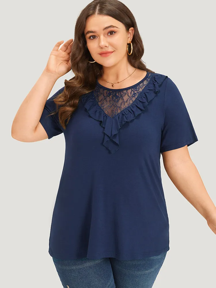 Guipure Lace Round Neck Frill Trim Flutter T-shirt sold by Bloomchic product image thumbnail 3