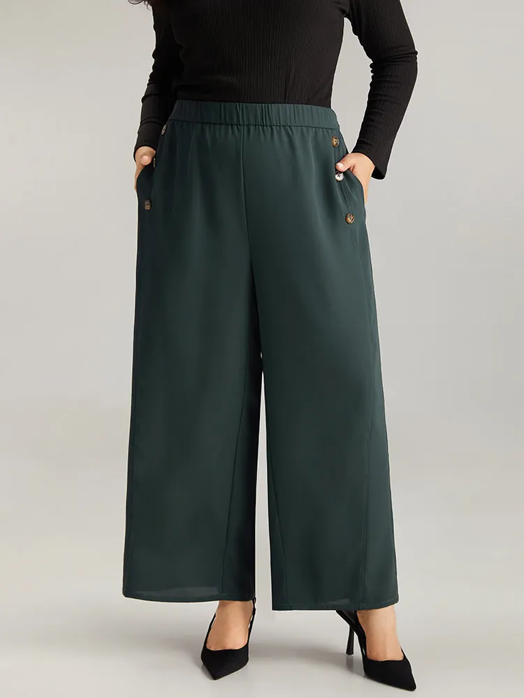 Anti-Wrinkle Plain Button Detail Wide Leg Pants sold by Bloomchic