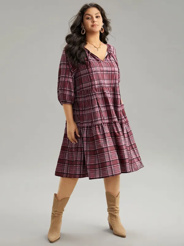 Plaid Tie Neck Ruffle Layered Hem Dress made by Bloomchic