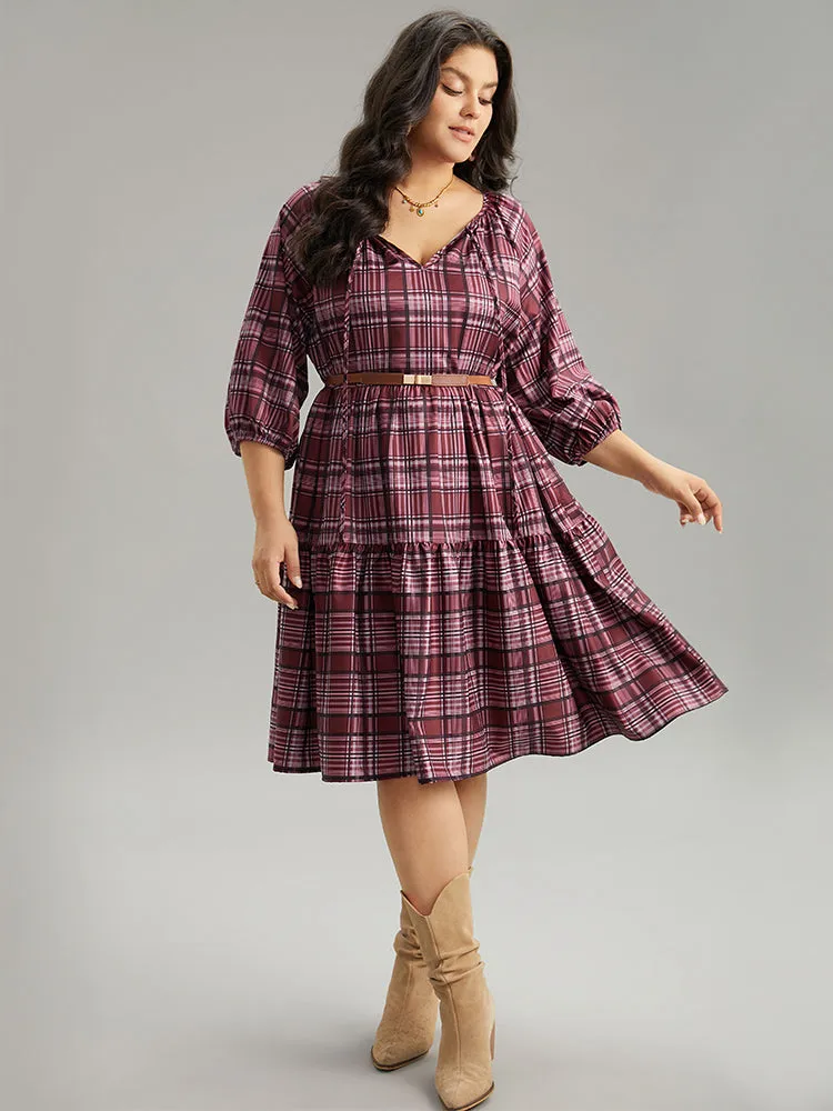Plaid Tie Neck Ruffle Layered Hem Dress sold by Bloomchic product image thumbnail 2