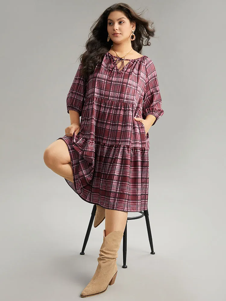 Plaid Tie Neck Ruffle Layered Hem Dress sold by Bloomchic product image thumbnail 5