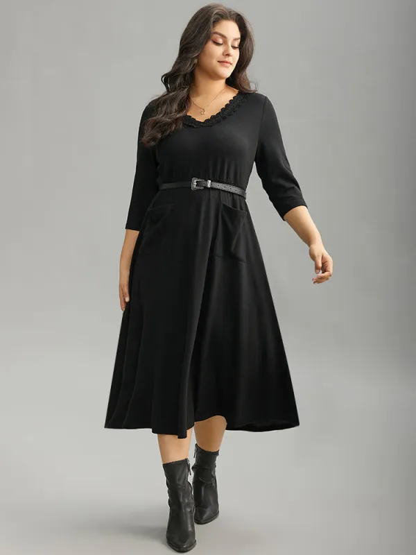 Guipure Lace Buckle Detail Belted Pocket Dress sold by Bloomchic