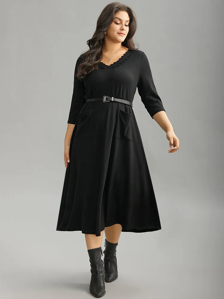 Guipure Lace Buckle Detail Belted Pocket Dress sold by Bloomchic
