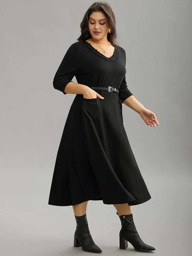 Guipure Lace Buckle Detail Belted Pocket Dress sold by Bloomchic product image thumbnail 4