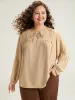 Solid Tie Neck Pleated Lantern Sleeve Woven Blouse sold by Bloomchic