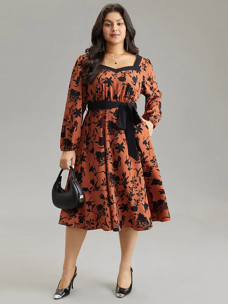Silhouette Floral Print Square Neck Belted Dress sold by Bloomchic