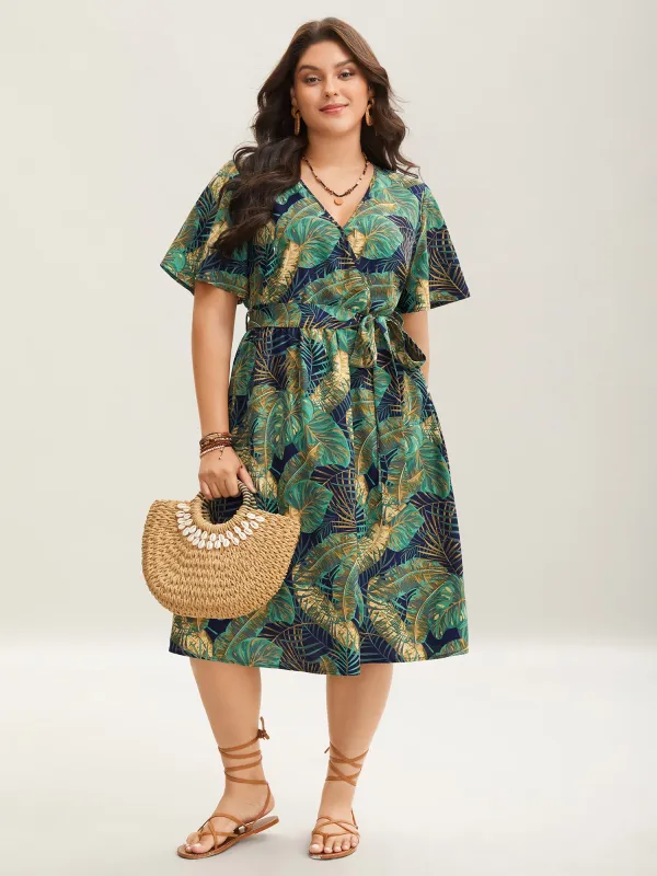Tropical Print Belted Pocket Midi Dress sold by Bloomchic