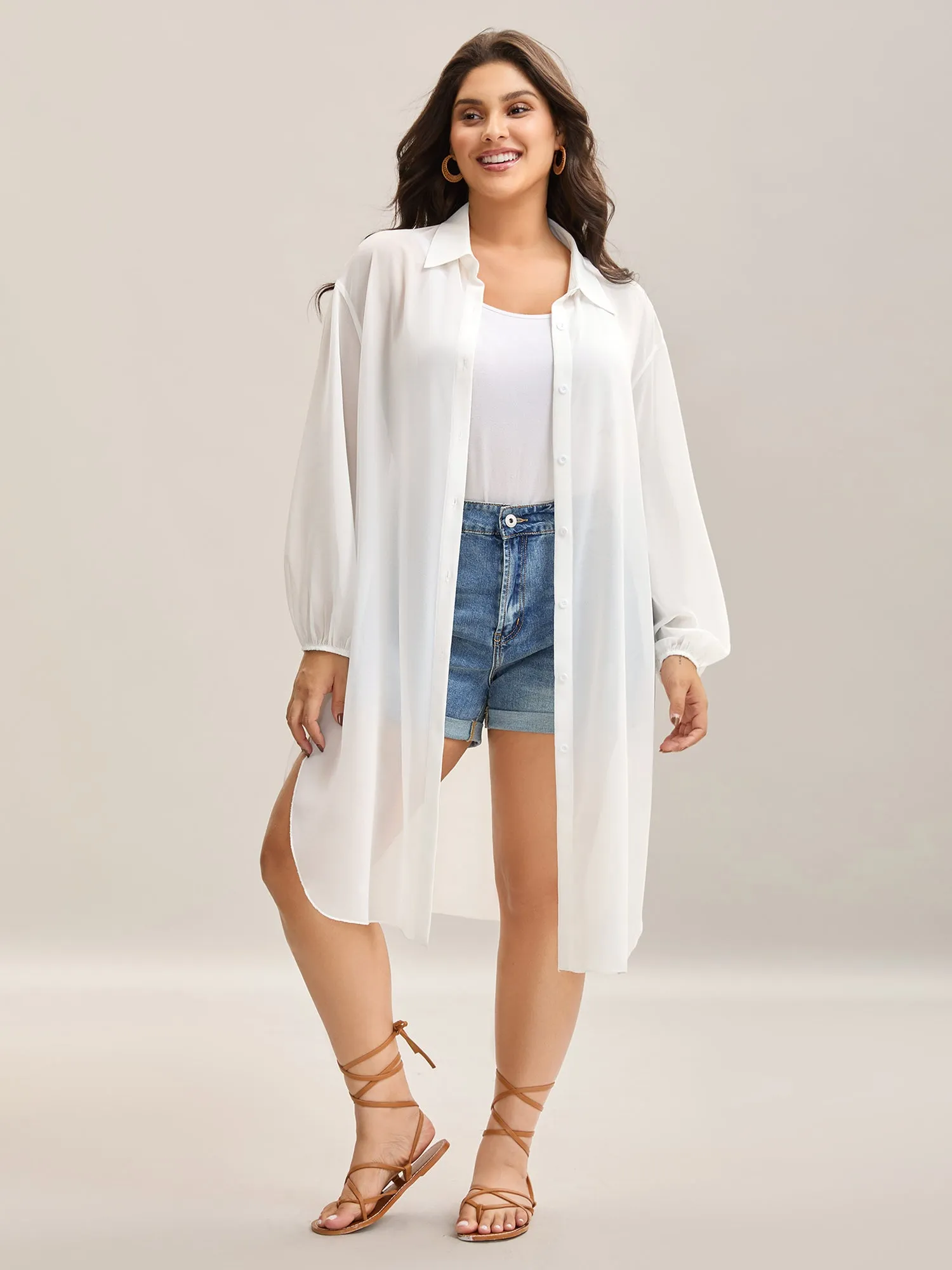 Sheer Long Shirt Kimono-Style Cardigan sold by Bloomchic