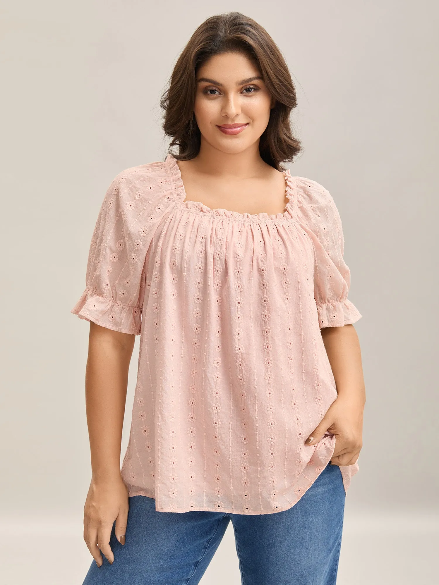 Textured Frill Trim Square Neck Blouse sold by Bloomchic