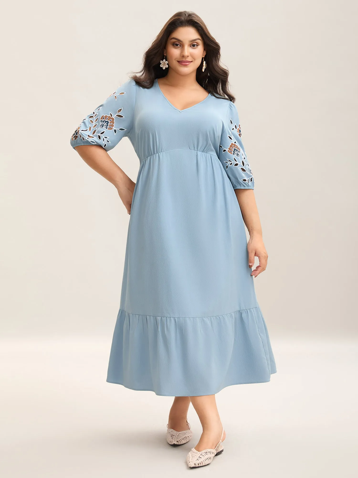 Cut-Out Embroidery Stretchy Waist Midi Dress sold by Bloomchic product image thumbnail 3